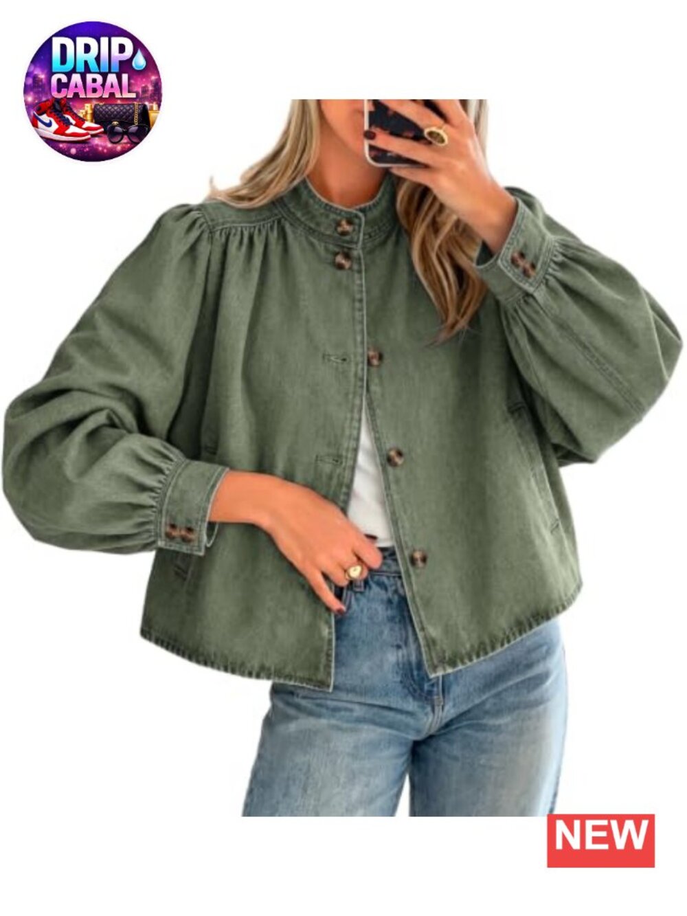 Womens Puff Sleeve Denim Jacket Button Down Loose Fit Casual Jean Jacket